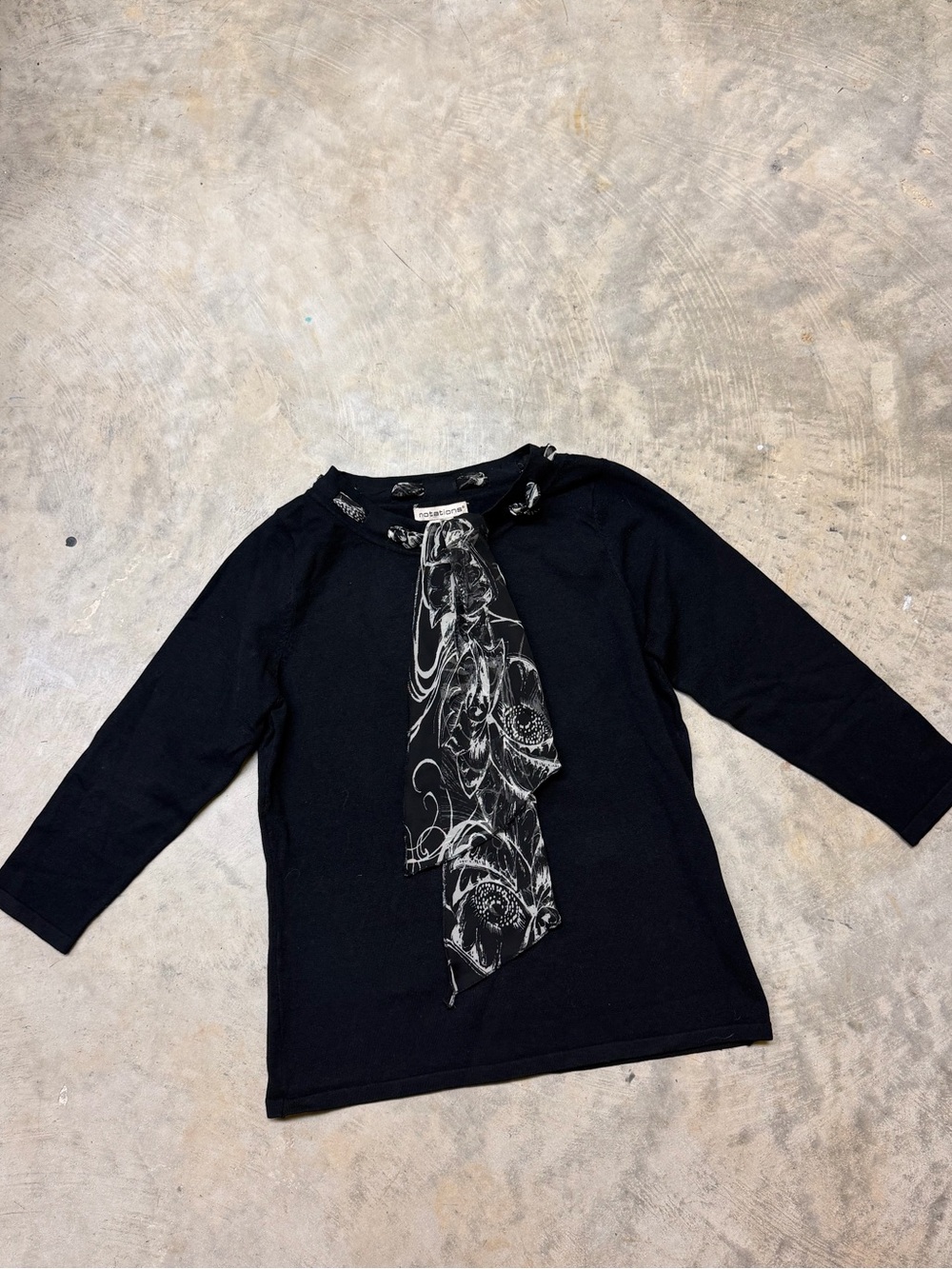 Notations Black Long-Sleeve Top with Decorative Black & White Tie